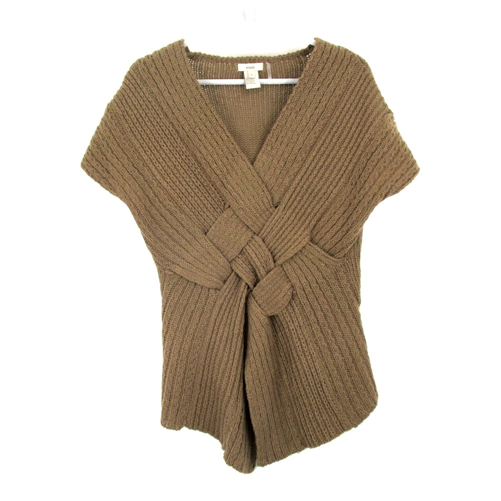ESCIO Pullover Braided Sweater Women S Taupe Brown V-Neck Stretch Short Sleeves